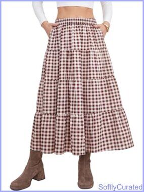 Gingham Plaid High Waist A-Line Maxi Skirt with Pockets Flowy